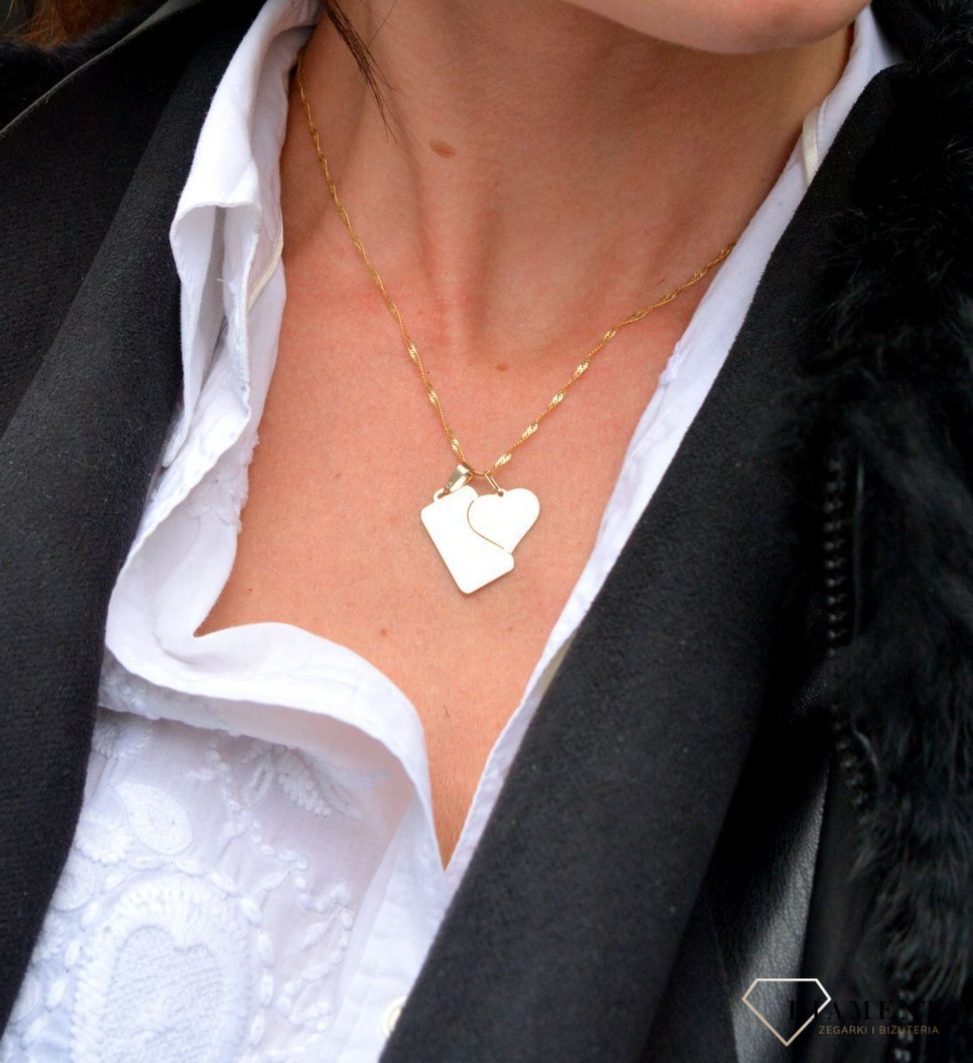 Złota zawieszka łamana dla dwojga serce z nieśmiertelnikiem ZA 2719.jpg